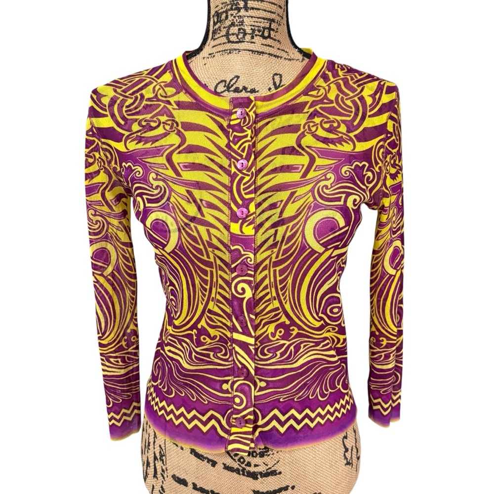 Jean Paul Gaultier Soleil Mesh Long Sleeve Cardigan Button Front Cropped Large